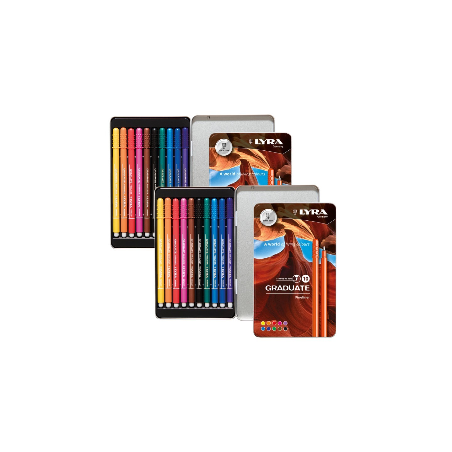 Lyra® Graduate Fineliner Marker Set Tin, Assorted Colors, 10 Per Set, 2 Sets
