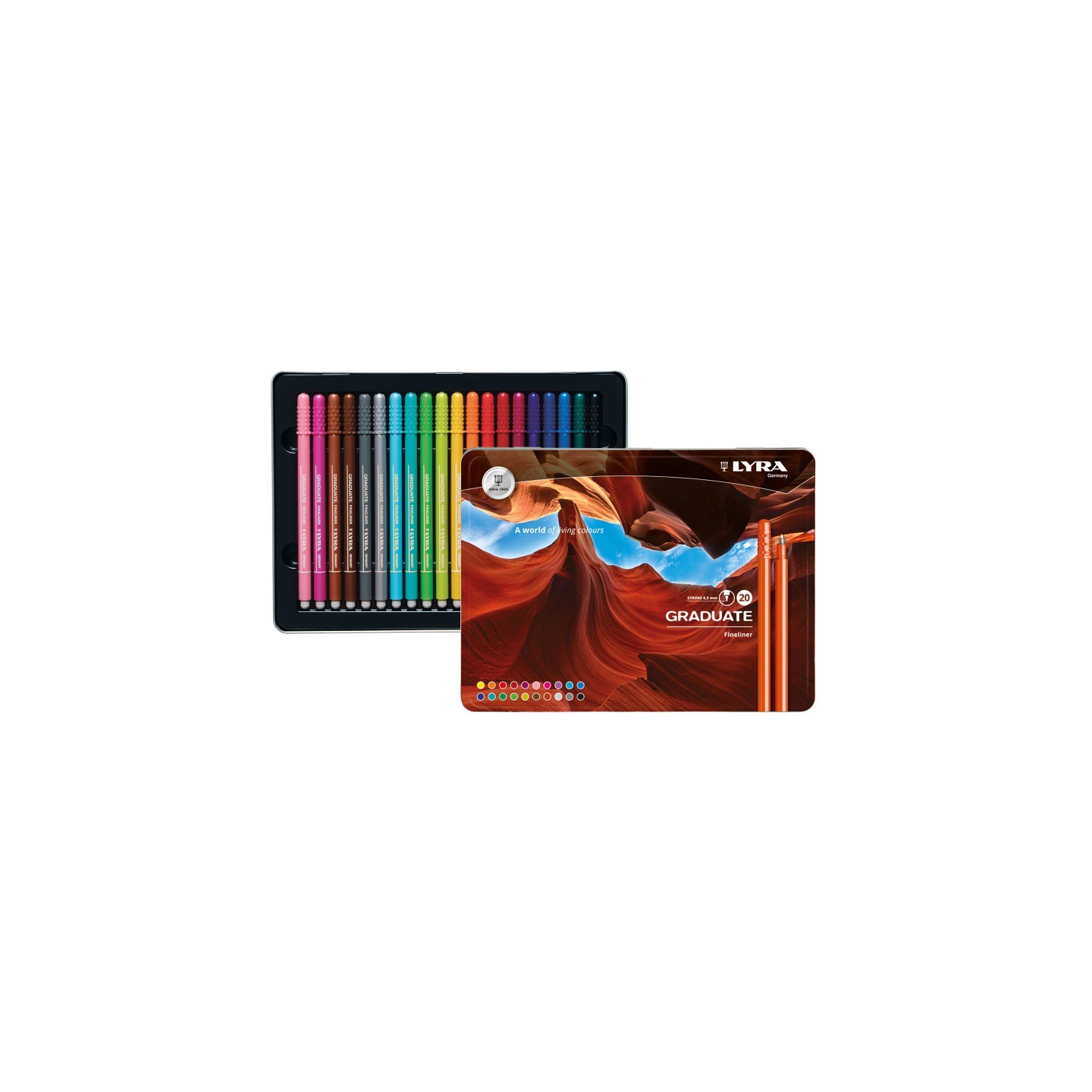 Lyra® Graduate Fineliner Marker Set Tin, Assorted Colors, 20 Pieces