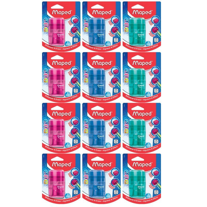 Maped® Connect DUO 2 Hole Sharpener / Eraser Combo, Assorted Colors, Pack of 12