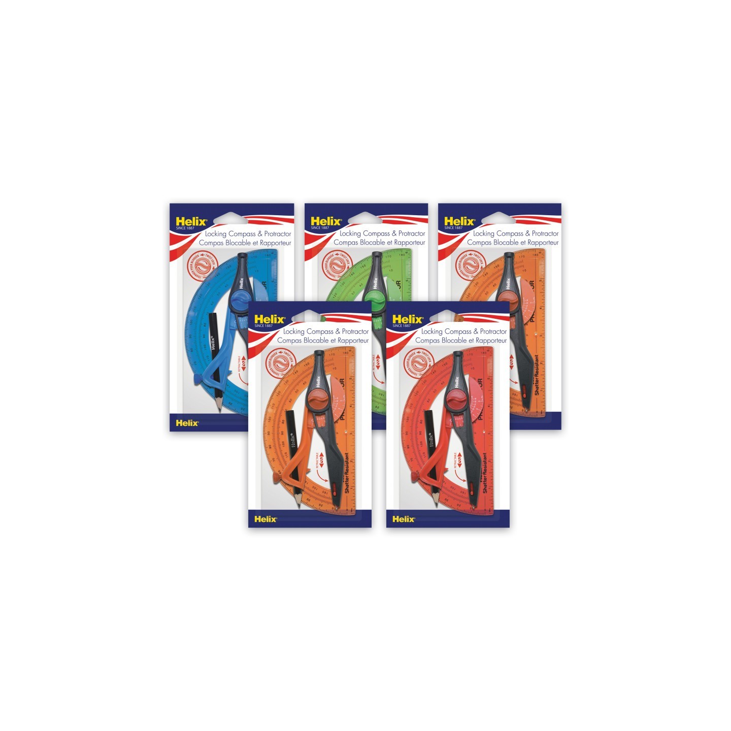 Helix® Plastic Locking Compass & Protractor Set, 5 Sets