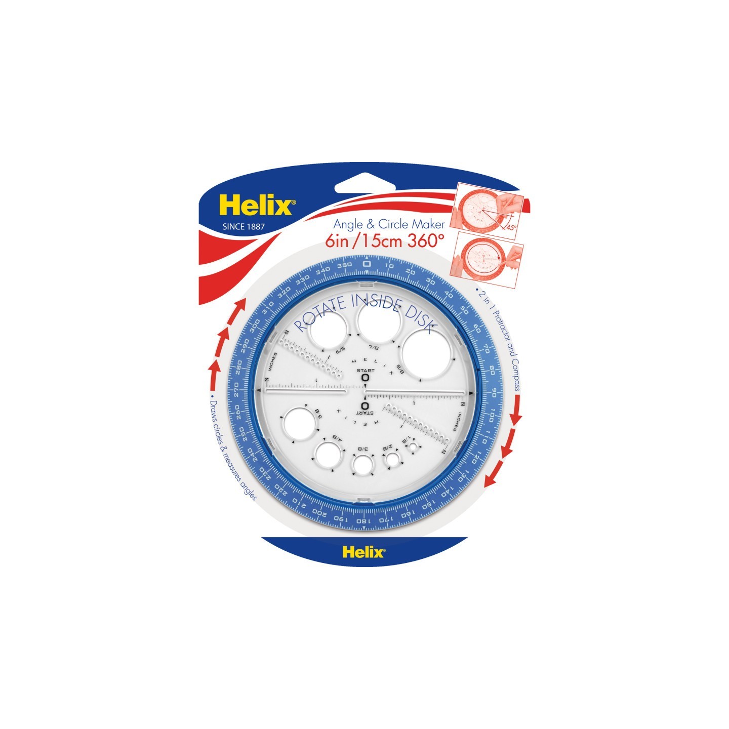 Helix® Angle & Circle Maker with Integrated Circle Templates, 360 Degree, 6 Inch/15cm, Assorted Colors