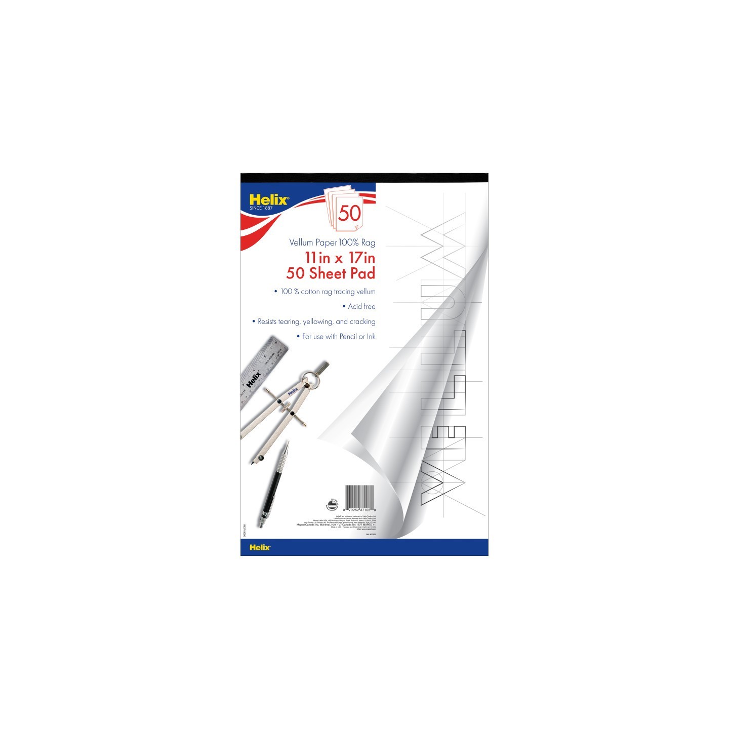 Helix® Vellum Paper Pad, 100% Rag, 11" x 17", 50 Sheets