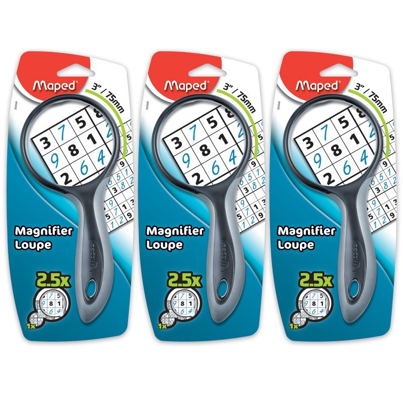 Maped® Ergologic Large 2.5X Magnifying Glass, 3", Assorted Colors, Pack of 3