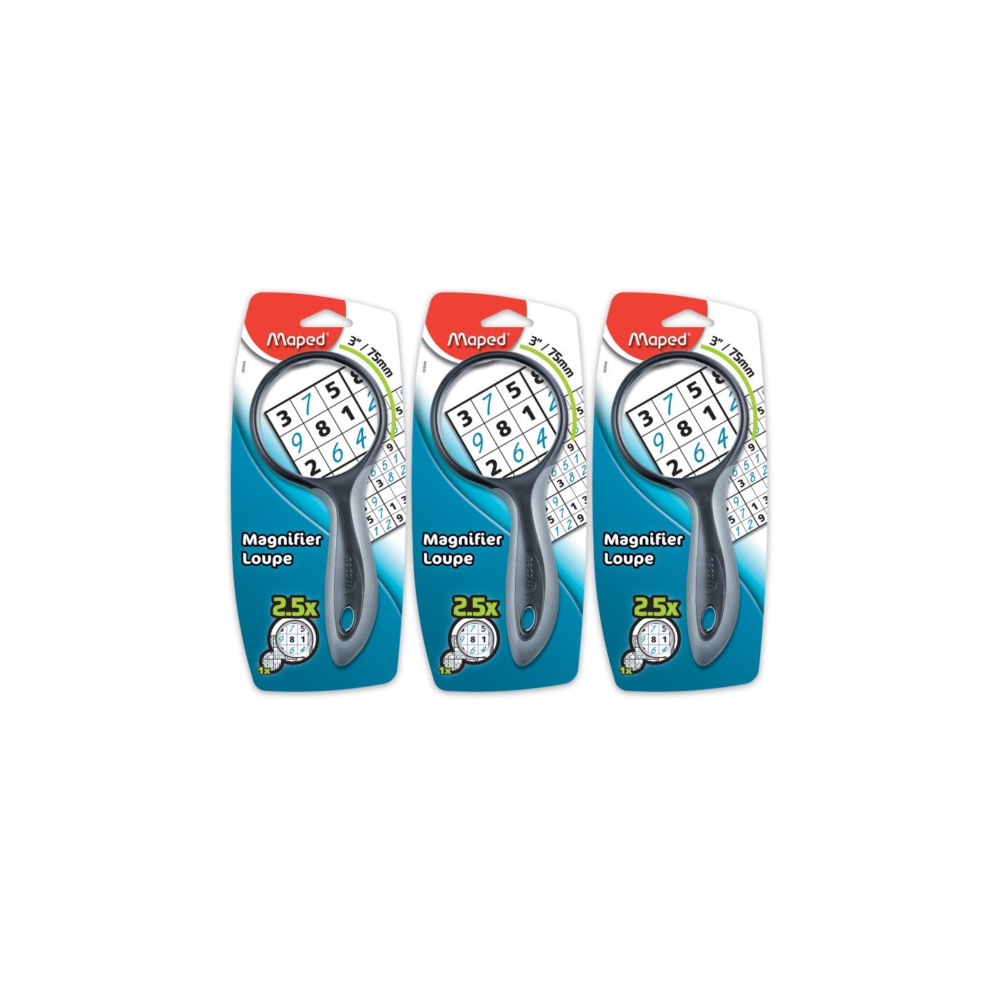 Maped® Ergologic Large 2.5X Magnifying Glass, 3", Assorted Colors, Pack of 3