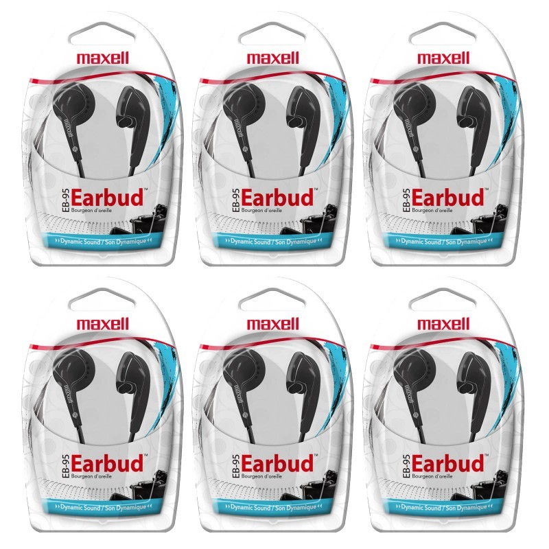 Maxell Budget Stereo Earbuds, Black, Pack of 6