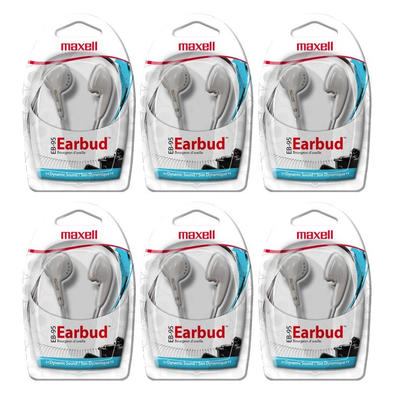 Maxell Budget Stereo Earbuds, White, Pack of 6