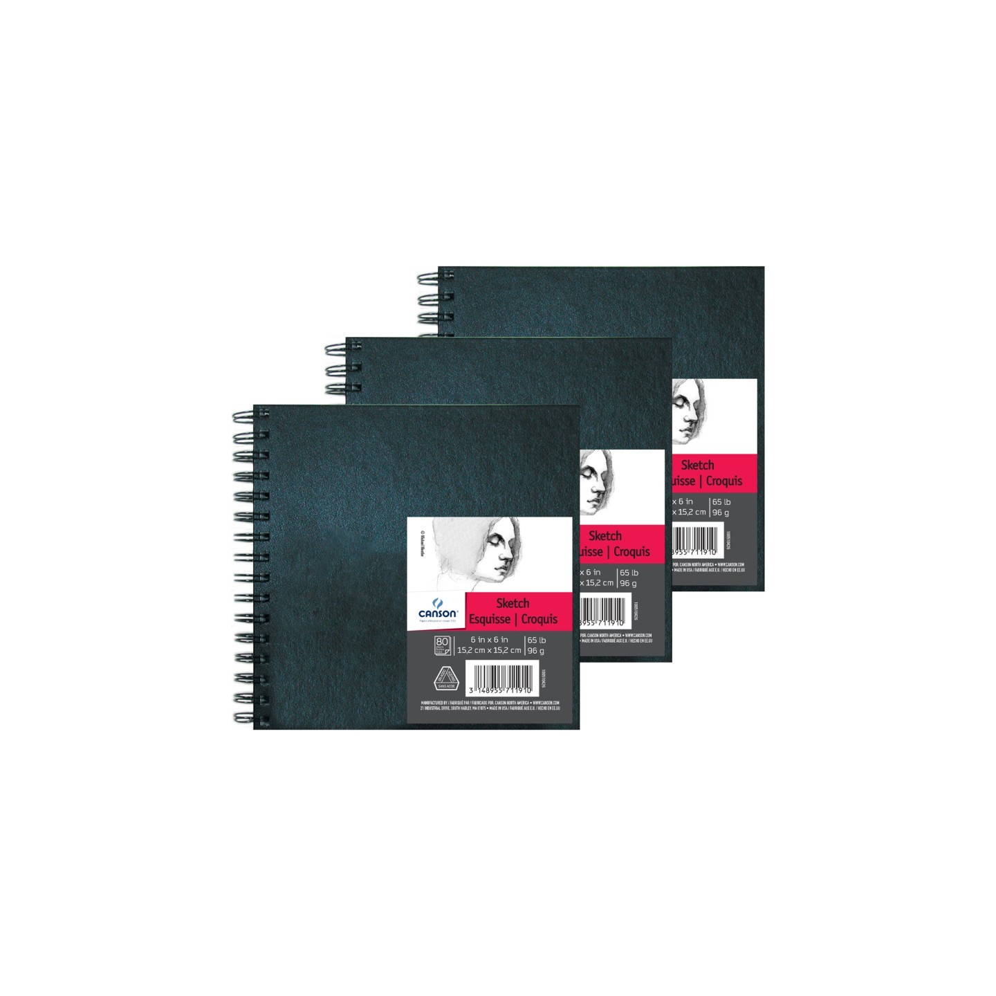 Canson Artist Series Sketch Art Book, Black Cover, Wire Binding, 80 Sheet, 6X6 inch, Pack of 3