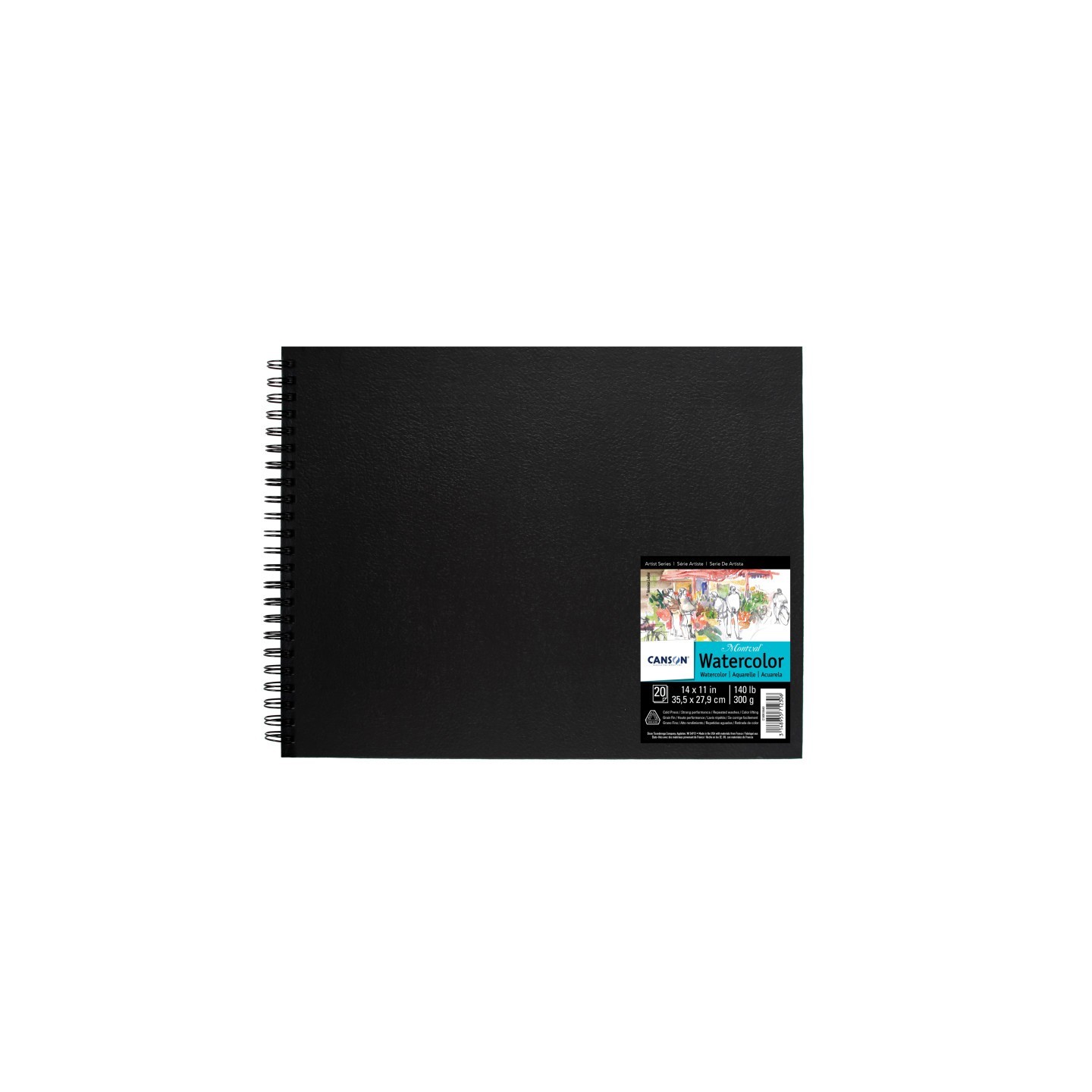 Canson Artist Series Montval Watercolor Art Book, Black Cover, Side Wire Binding, 20 Sheet, 14x11 inch, 1 Count