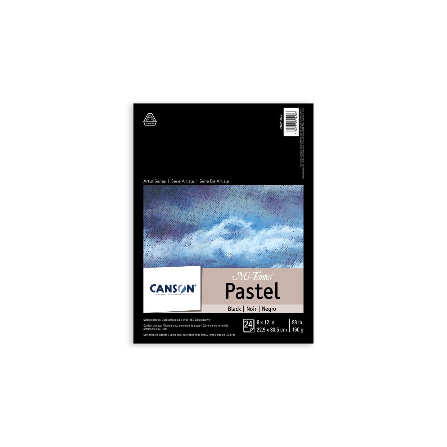 Canson Artist Series Mi-Teintes Pastel Pad, Black, Foldover Binding, 24 Sheet, 9x12 inch, 1 Count