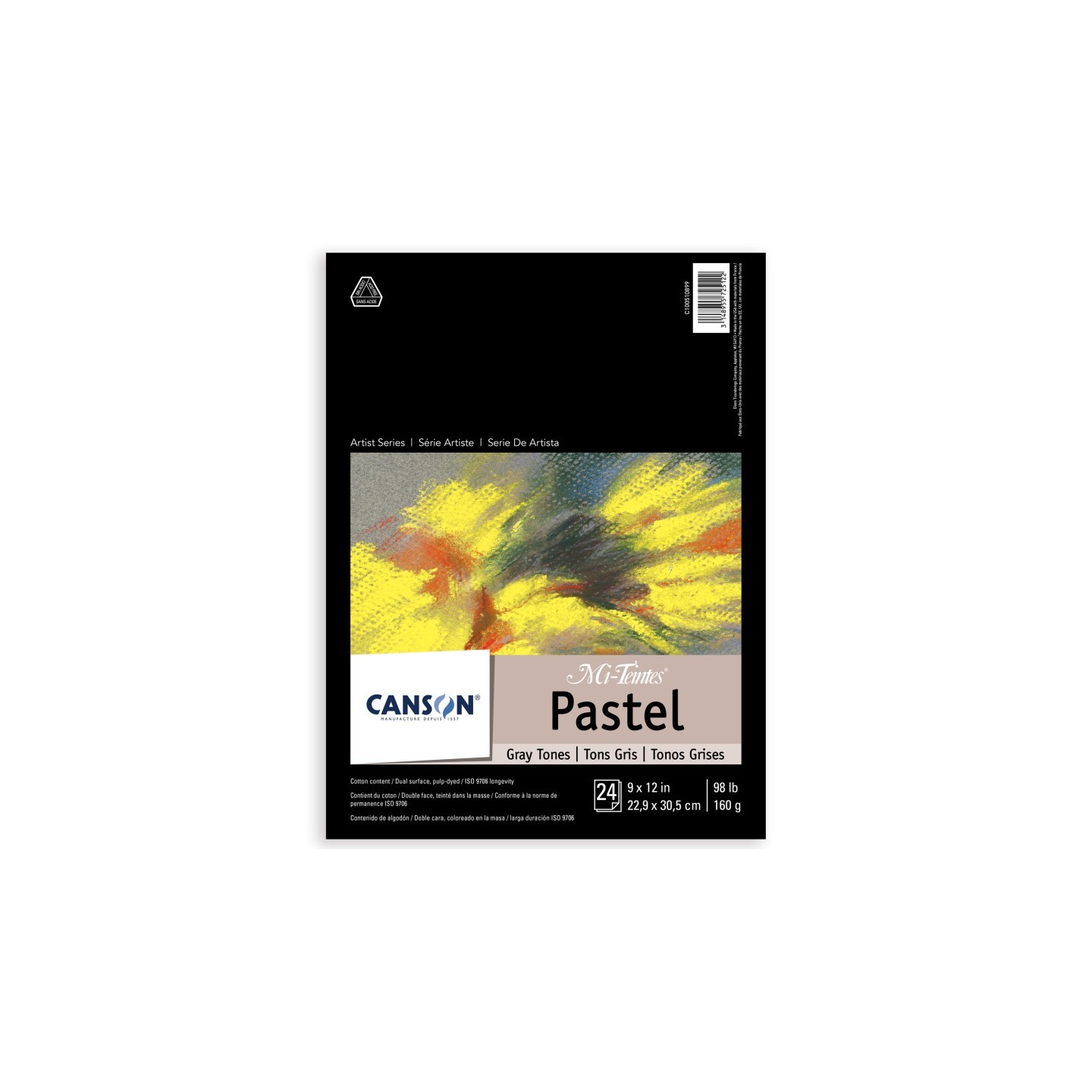 Canson Artist Series Mi-Teintes Pastel Pad, Gray Tones, Foldover Binding, 24 Sheet, 9x12 inch, 1 Count