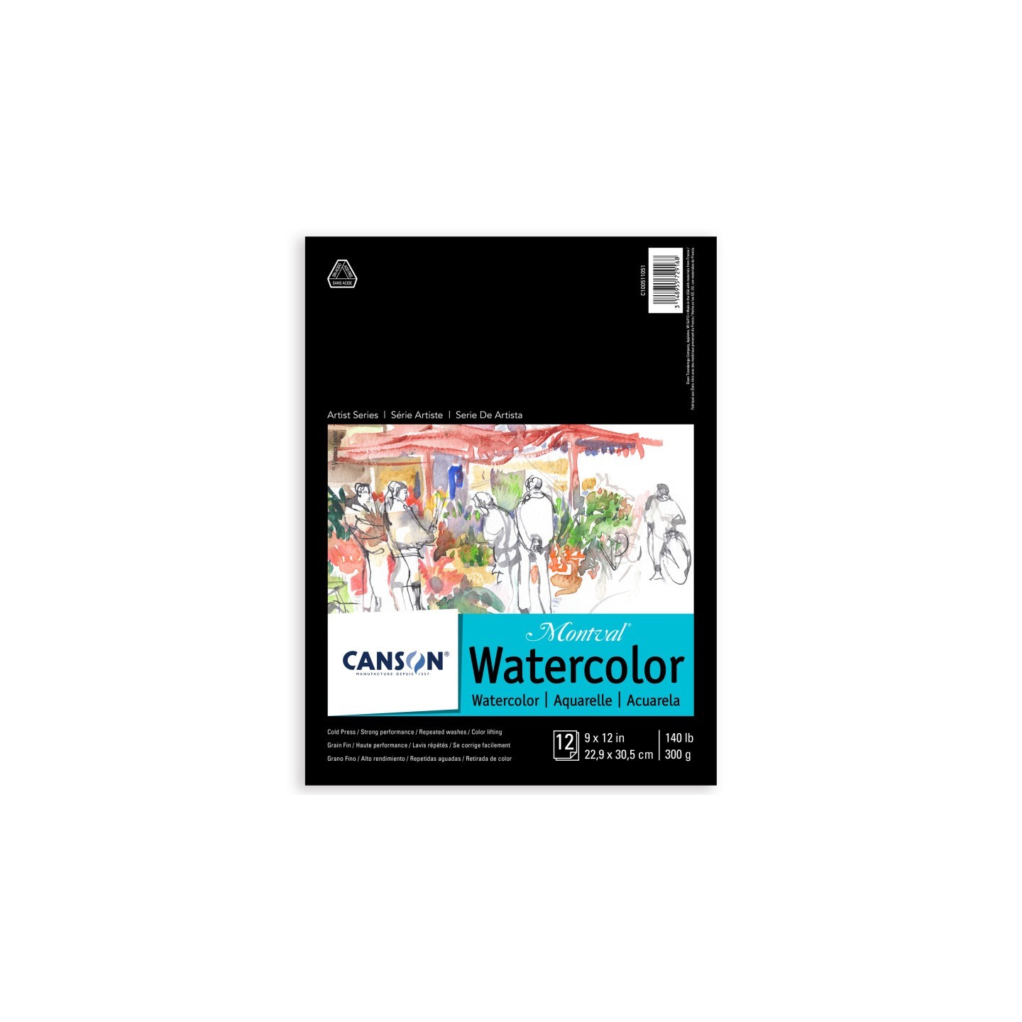 Canson Artist Series Montval Watercolor Pad, Foldover Binding, Foldover Binding, 12 Sheet, 9x12 inch, 1 Count