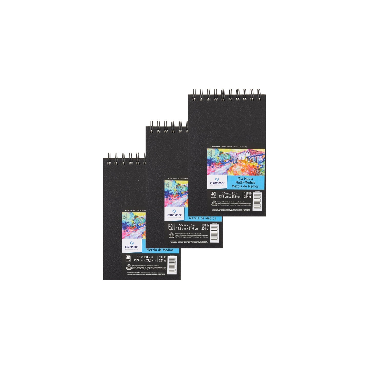 Canson Artist Series Mixed Media Art Book, Black Cover, Side Wire Binding, 40 Sheet, 14X21.6 inch, Pack of 3