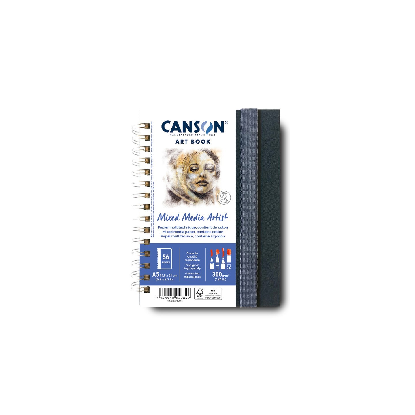 Canson Artist Series Mixed Media Art Book, Fabric Cover, Side Wire Binding, 56 Sheet, 5.8x8.3 inch