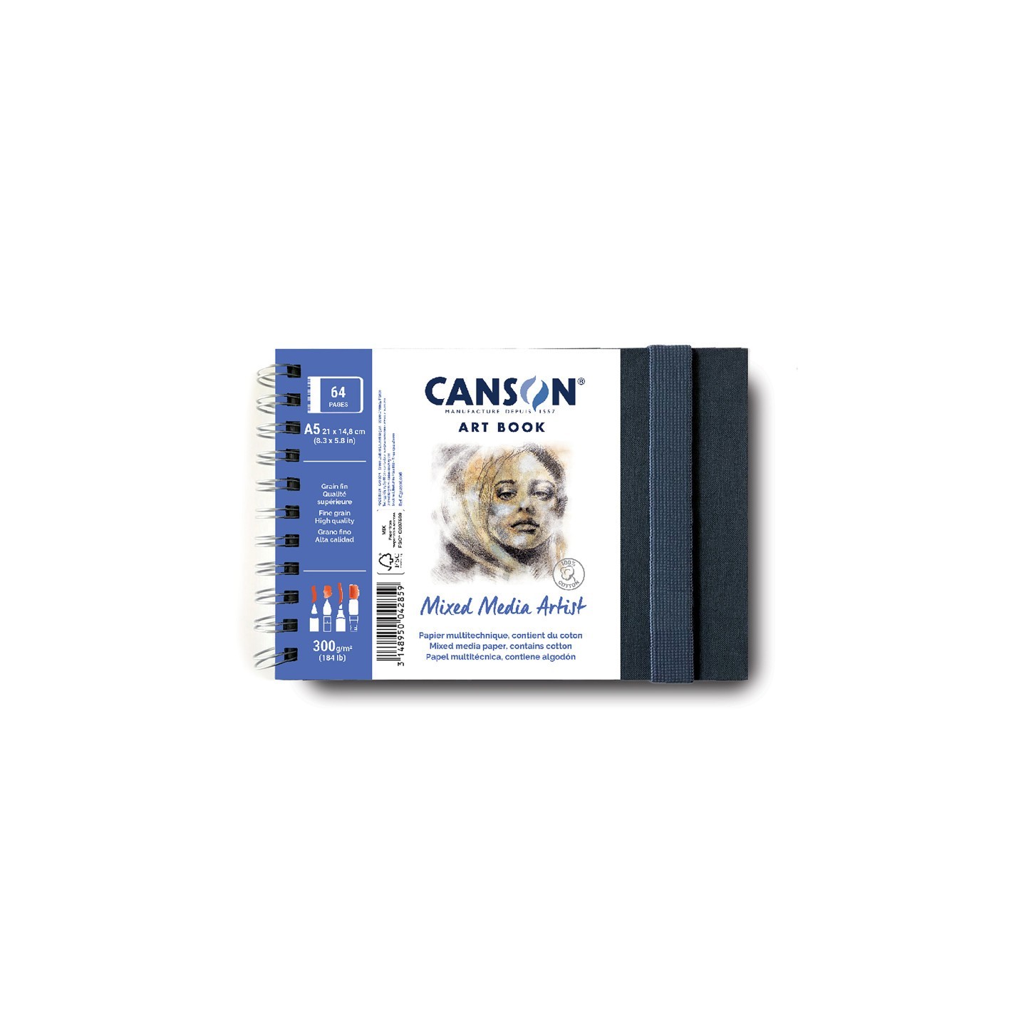 Canson Artist Series Mixed Media Art Book, Fabric Cover, Side Wire Binding, 56 Sheet, 8.3x5.8 inch