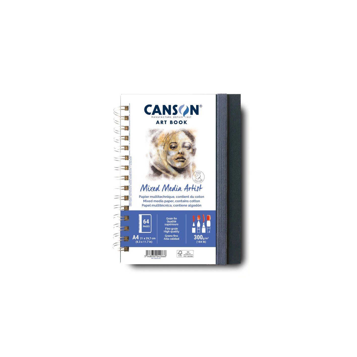 Canson Artist Series Mixed Media Art Book, Fabric Cover, Side Wire Binding, 56 Sheet, 8.3x11.7 inch