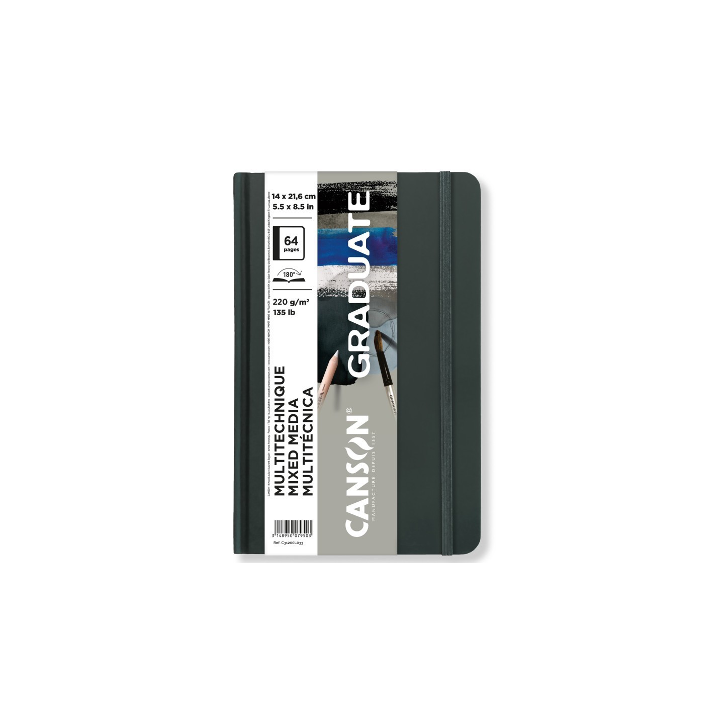 Canson Graduate Mixed Media Art Book, Toned Gray, Hard Cover Binding, 32 Sheet, 5.5x8.5 inch, 1 Count