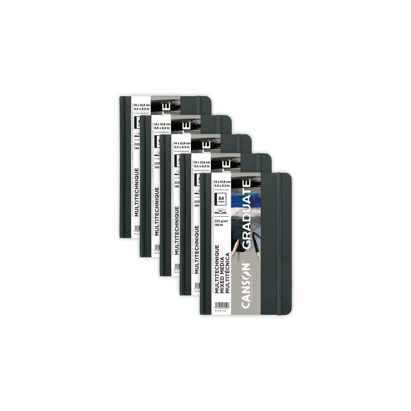 Canson Graduate Mixed Media Art Book, Toned Gray, Hard Cover Binding, 32 Sheet, 5.5x8.5 inch, Pack of 5