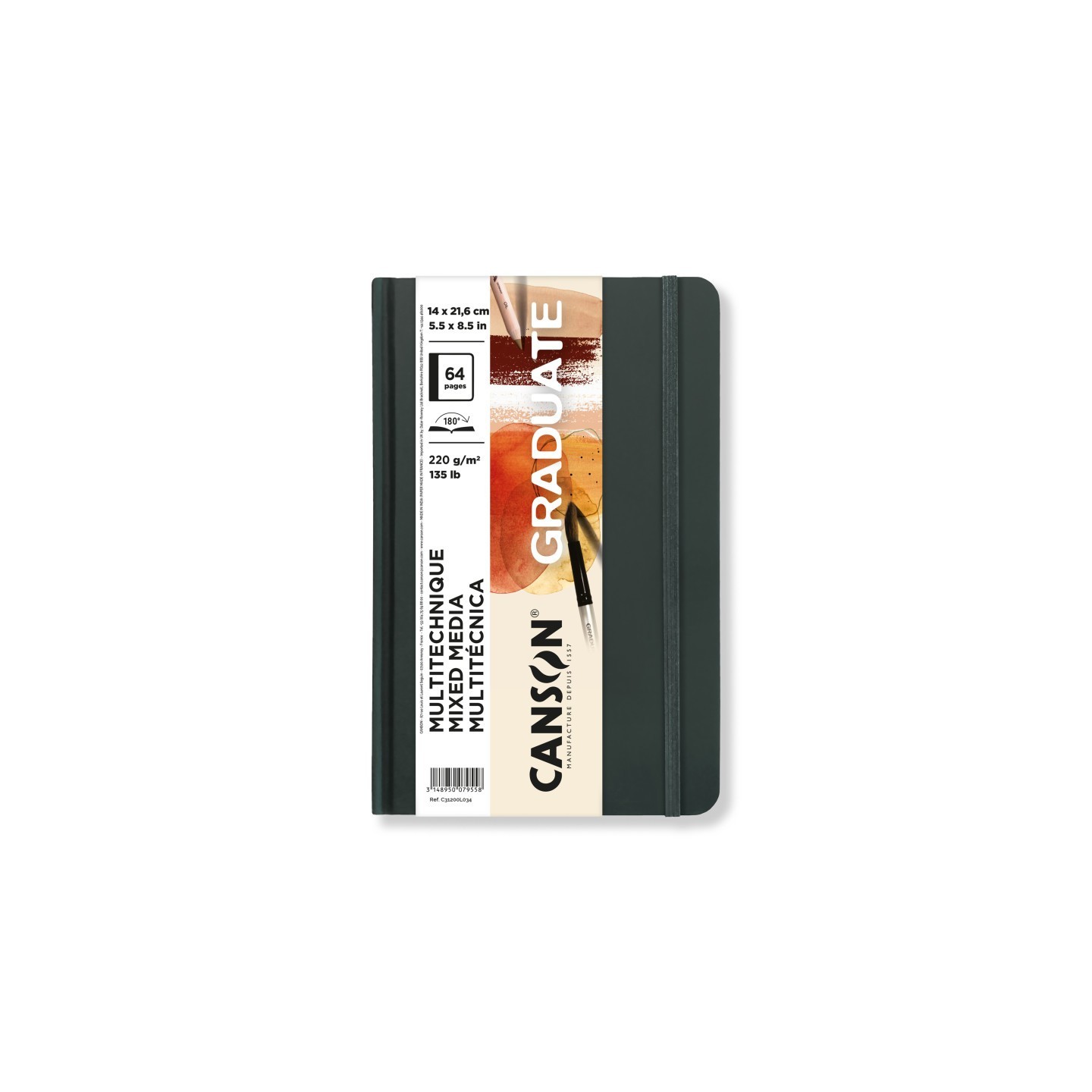 Canson Graduate Mixed Media Art Book, Toned Natural, Hard Cover Binding, 32 Sheet, 5.5x8.5 inch, 1 Count