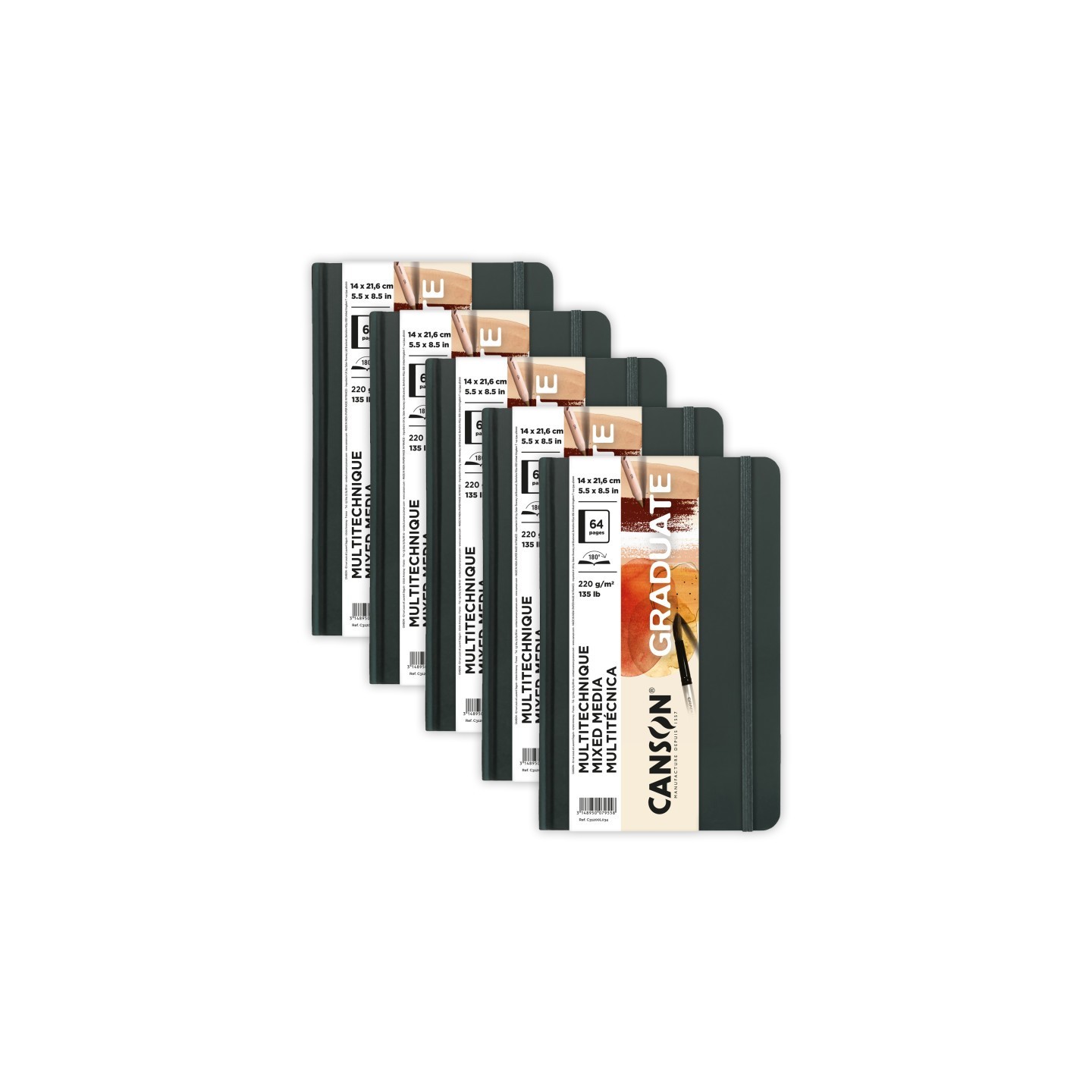 Canson Graduate Mixed Media Art Book, Toned Natural, Hard Cover Binding, 32 Sheet, 5.5x8.5 inch, Pack of 5