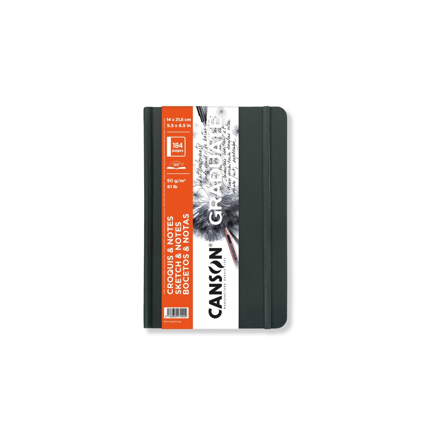 Canson Graduate Sketch & Notes Art Book, Dark Gray, Hard Cover Binding, 92 Sheet, 5.5x8.5 inch, 1 Count