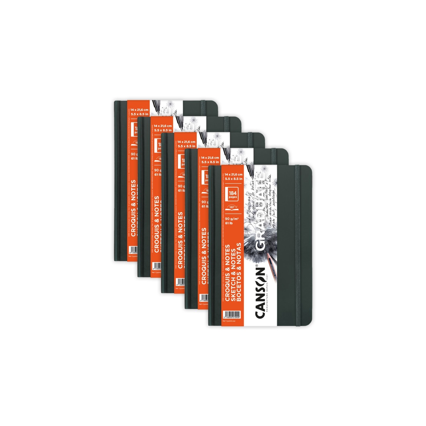 Canson Graduate Sketch & Notes Art Book, Dark Gray, Hard Cover Binding, 92 Sheet, 5.5x8.5 inch, Pack of 5