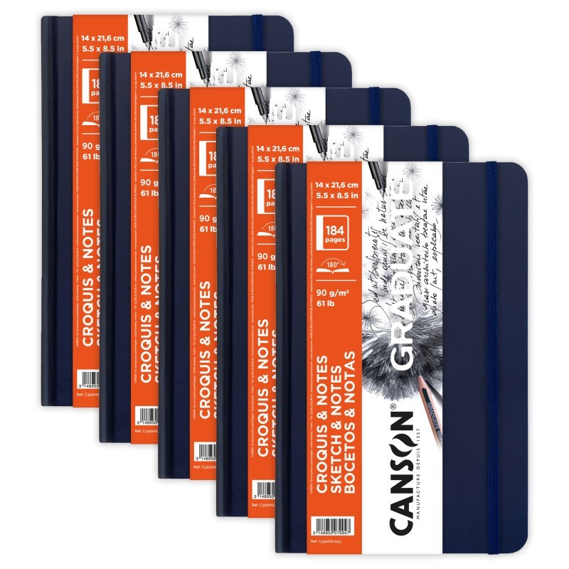 Canson Graduate Sketch & Notes Art Book, Dark Blue, Hard Cover Binding, 92 Sheet, 5.5x8.5 inch, Pack of 5