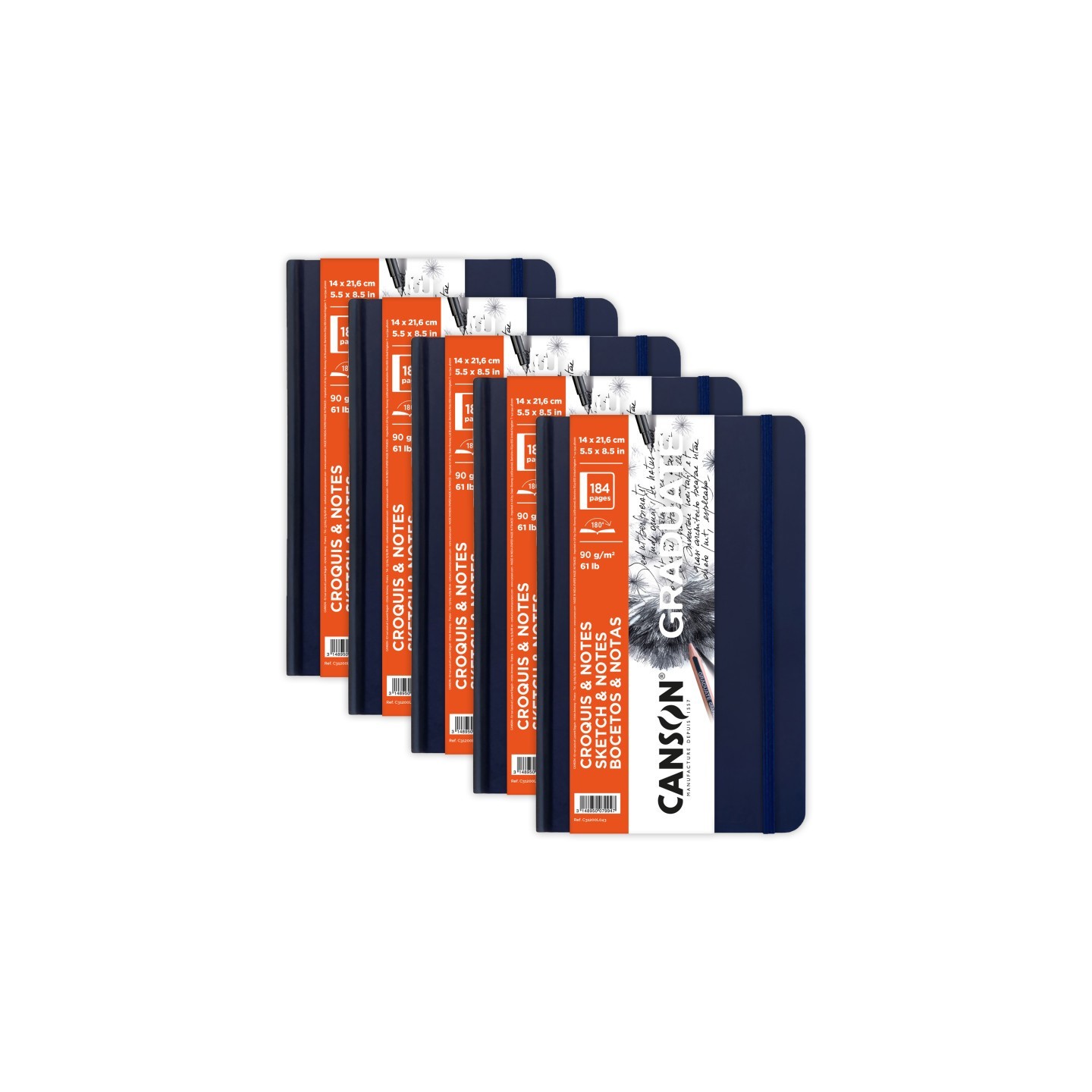 Canson Graduate Sketch & Notes Art Book, Dark Blue, Hard Cover Binding, 92 Sheet, 5.5x8.5 inch, Pack of 5