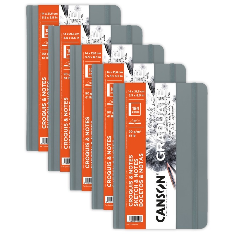 Canson Graduate Sketch & Notes Art Book, Light Gray, Hard Cover Binding, 92 Sheet, 5.5x8.5 inch, Pack of 5