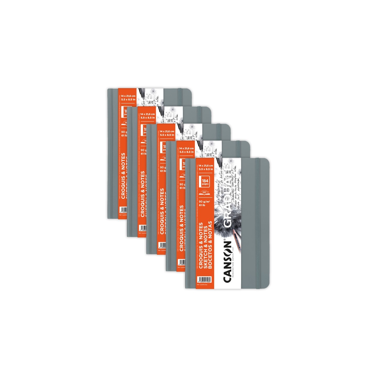 Canson Graduate Sketch & Notes Art Book, Light Gray, Hard Cover Binding, 92 Sheet, 5.5x8.5 inch, Pack of 5