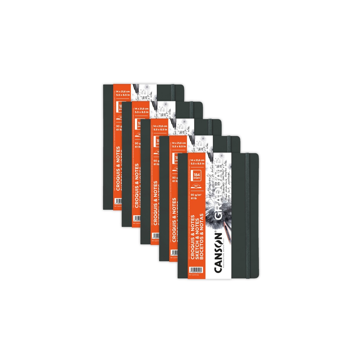 Canson Graduate Sketch & Notes Art Book, Dark Gray, Soft Cover Binding, 92 Sheet, 5.5x8.5 inch, Pack of 5