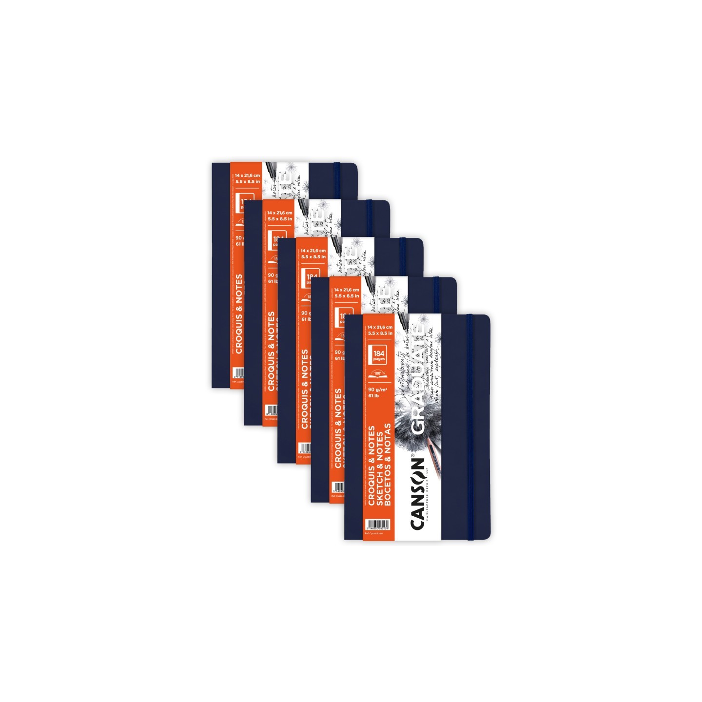 Canson Graduate Sketch & Notes Art Book, Dark Blue, Soft Cover Binding, 92 Sheet, 5.5x8.5 inch, Pack of 5