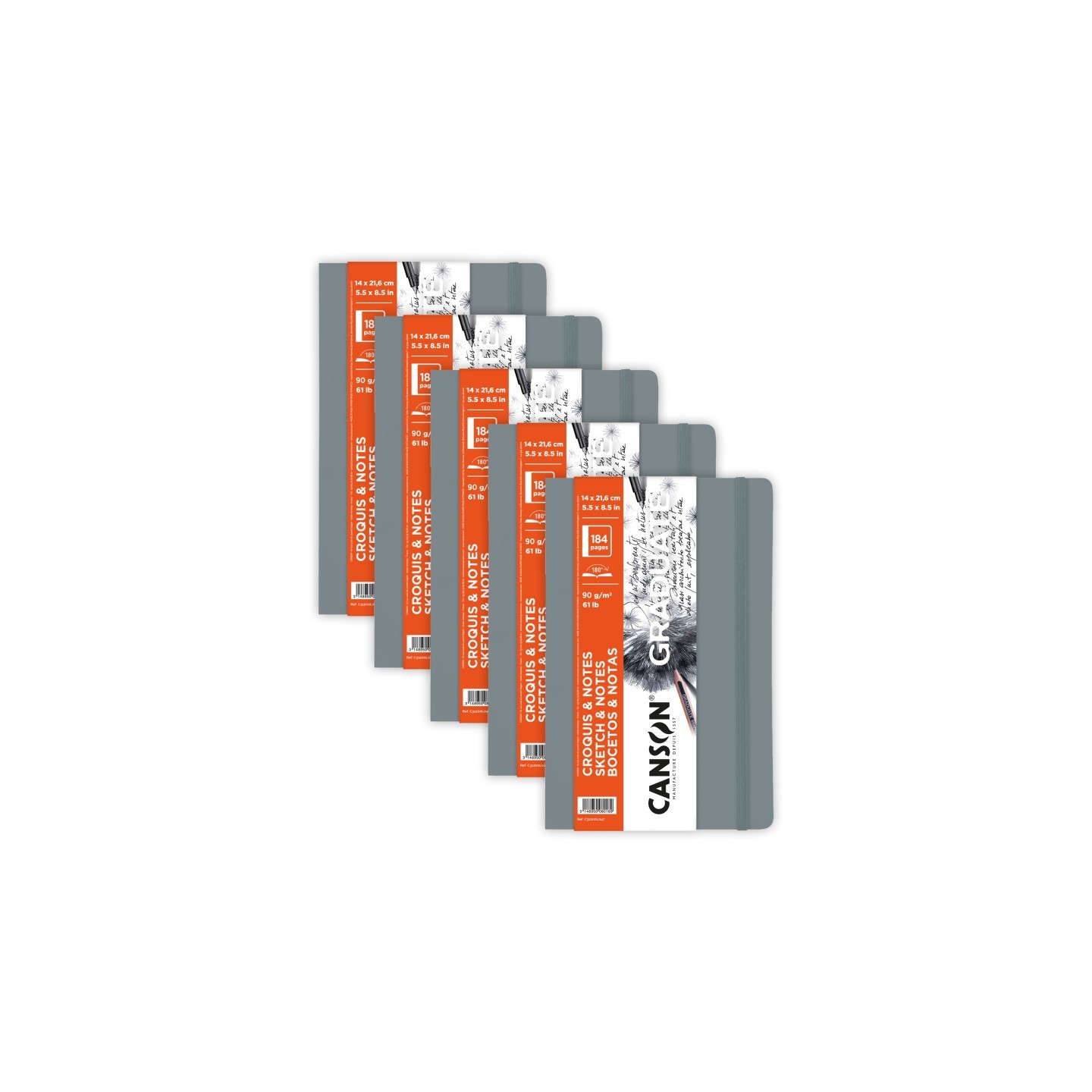 Canson Graduate Sketch & Notes Art Book, Light Gray, Soft Cover Binding, 92 Sheet, 5.5x8.5 inch, Pack of 5