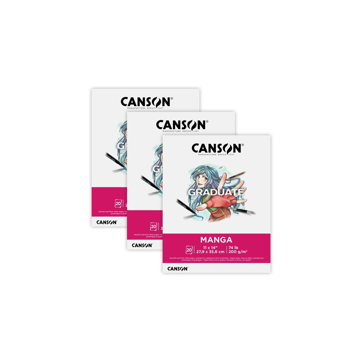 Canson Graduate Manga Pad, Foldover Binding, 20 Sheet, 11x14 inch, Pack of 3