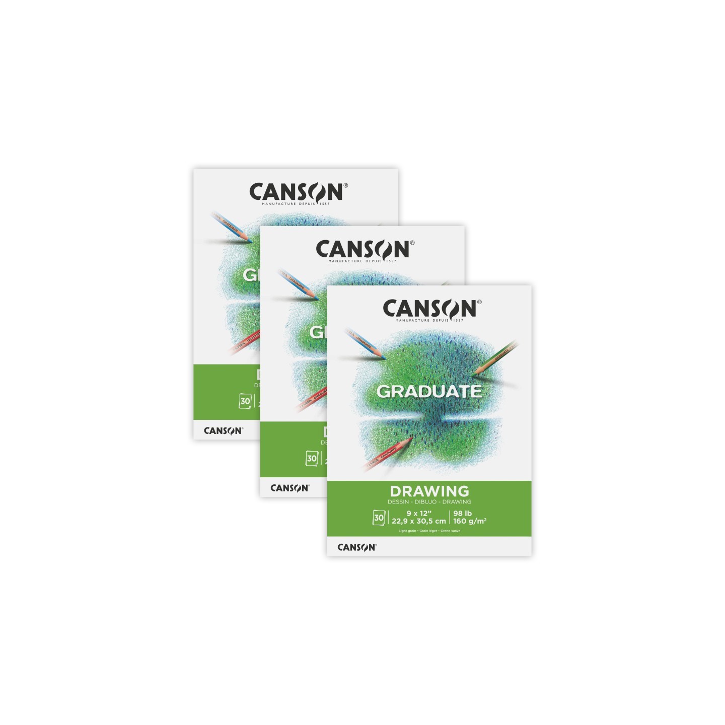 Canson Graduate Drawing Pad, Foldover Binding, 30 Sheet, 9x12 inch, Pack of 3