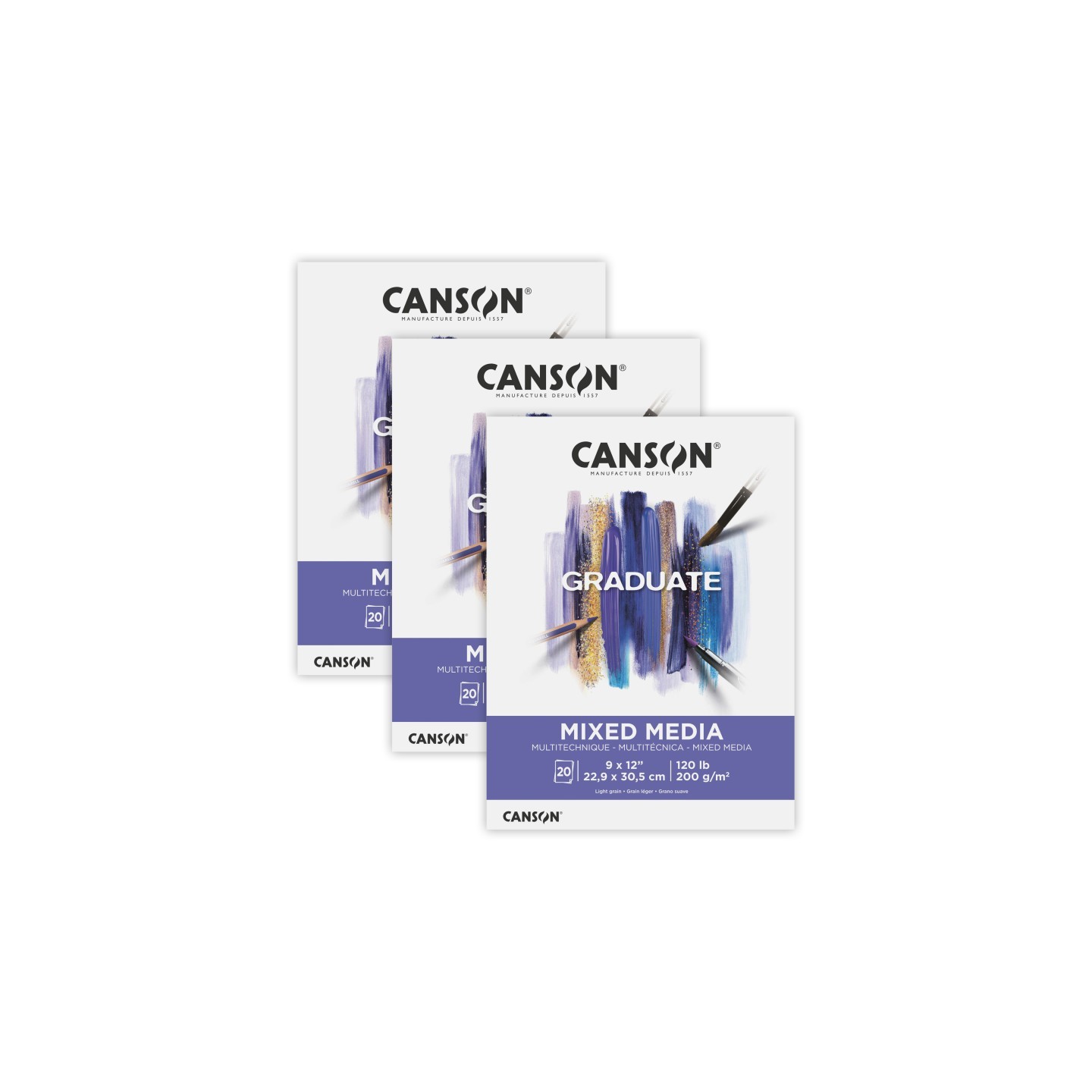 Canson Graduate Mixed Media Pad, Foldover Binding, 20 Sheet, 9x12 inch, Pack of 3