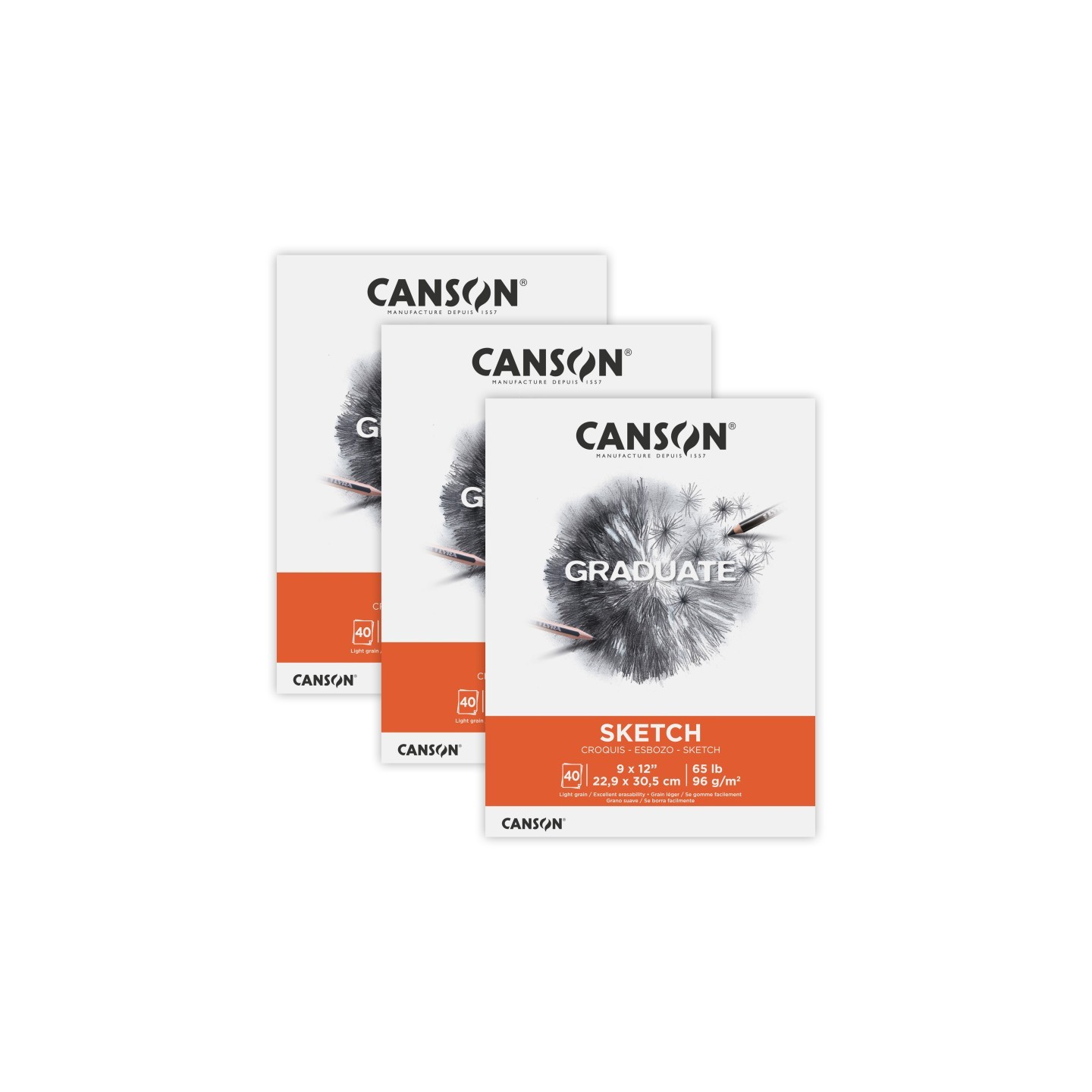 Canson Graduate Sketch Pad, Foldover Binding, 40 Sheet, 9x12 inch, Pack of 3