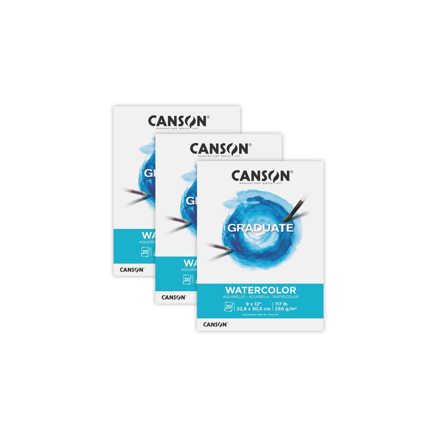 Canson Graduate Watercolor Pad, Foldover Binding, 20 Sheet, 9x12 inch, Pack of 3