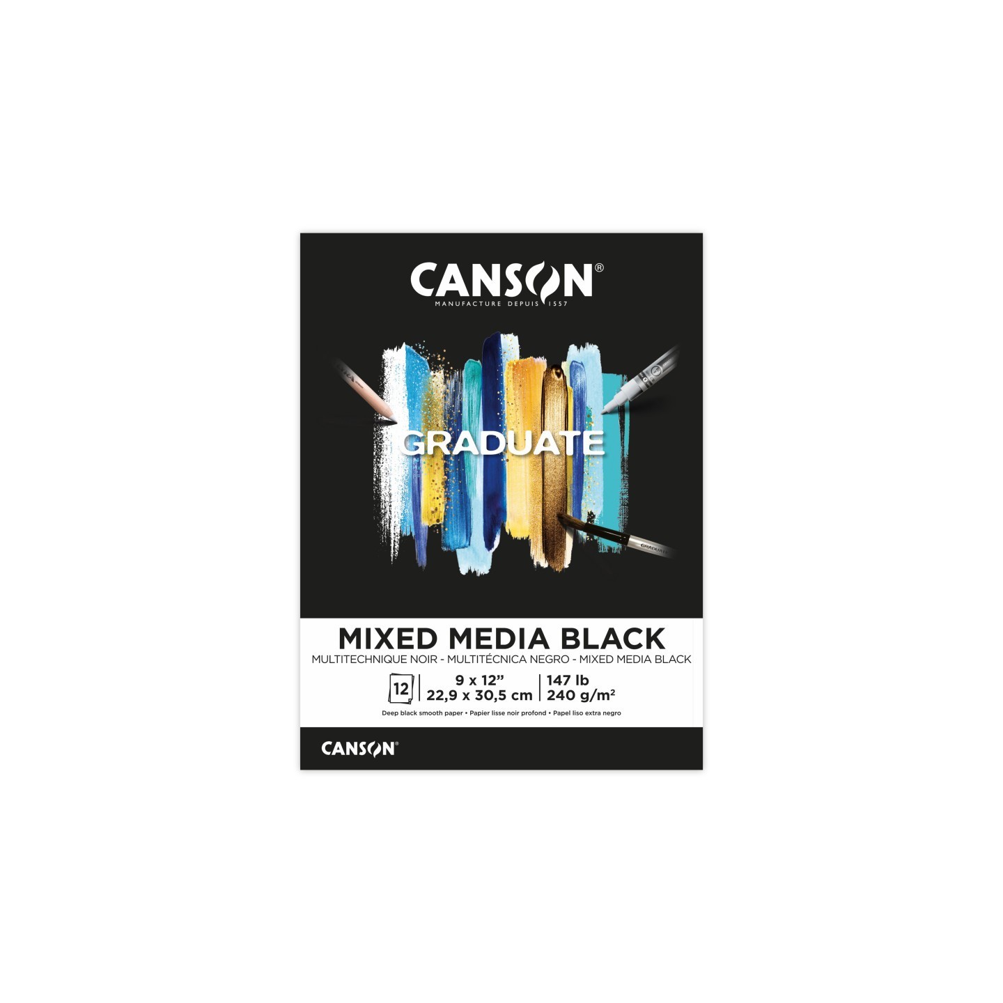 Canson Graduate Mixed Media Pad, Black, Foldover Binding, 12 Sheet, 9x12 inch, 1 Count