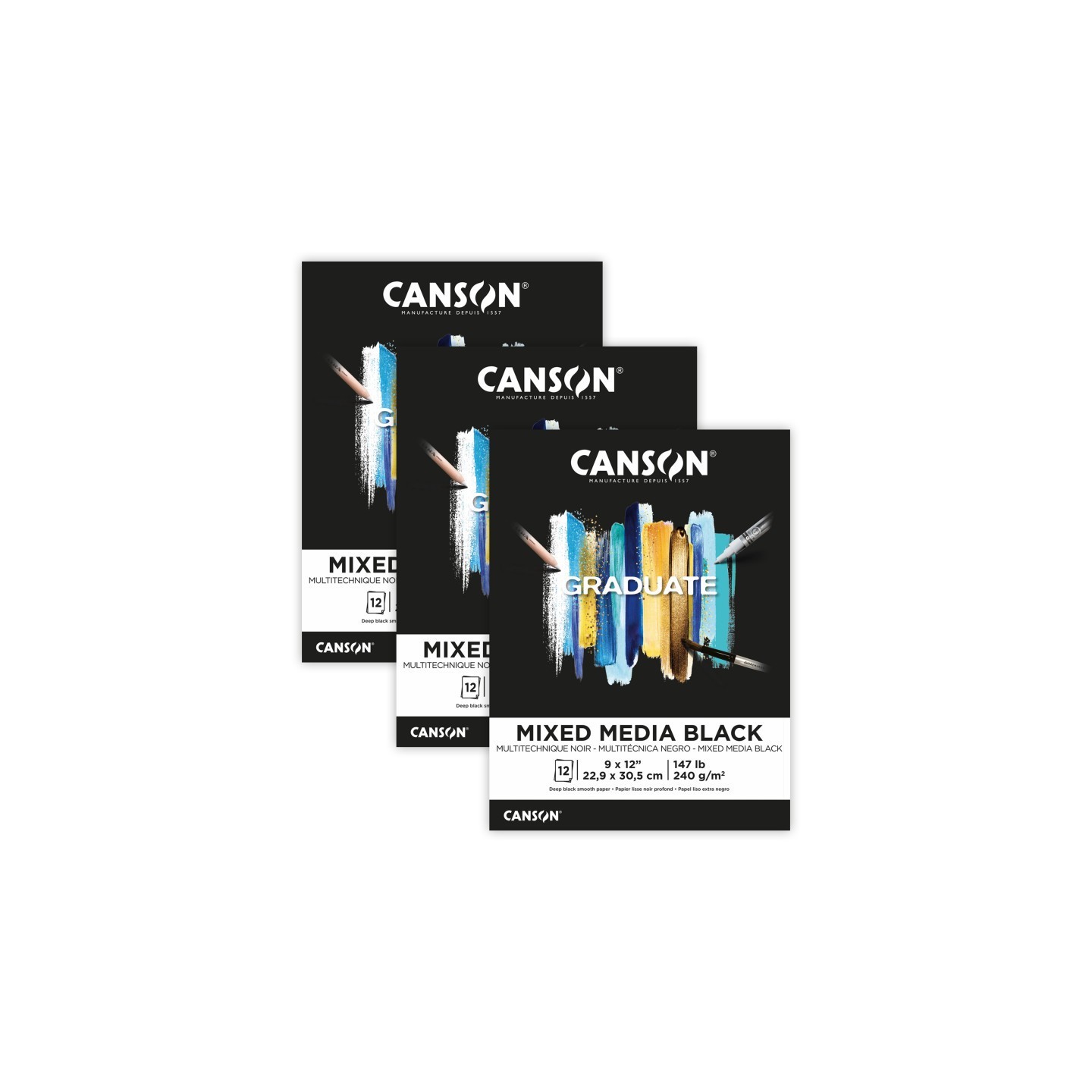 Canson Graduate Mixed Media Pad, Black, Foldover Binding, 12 Sheet, 9x12 inch, Pack of 3