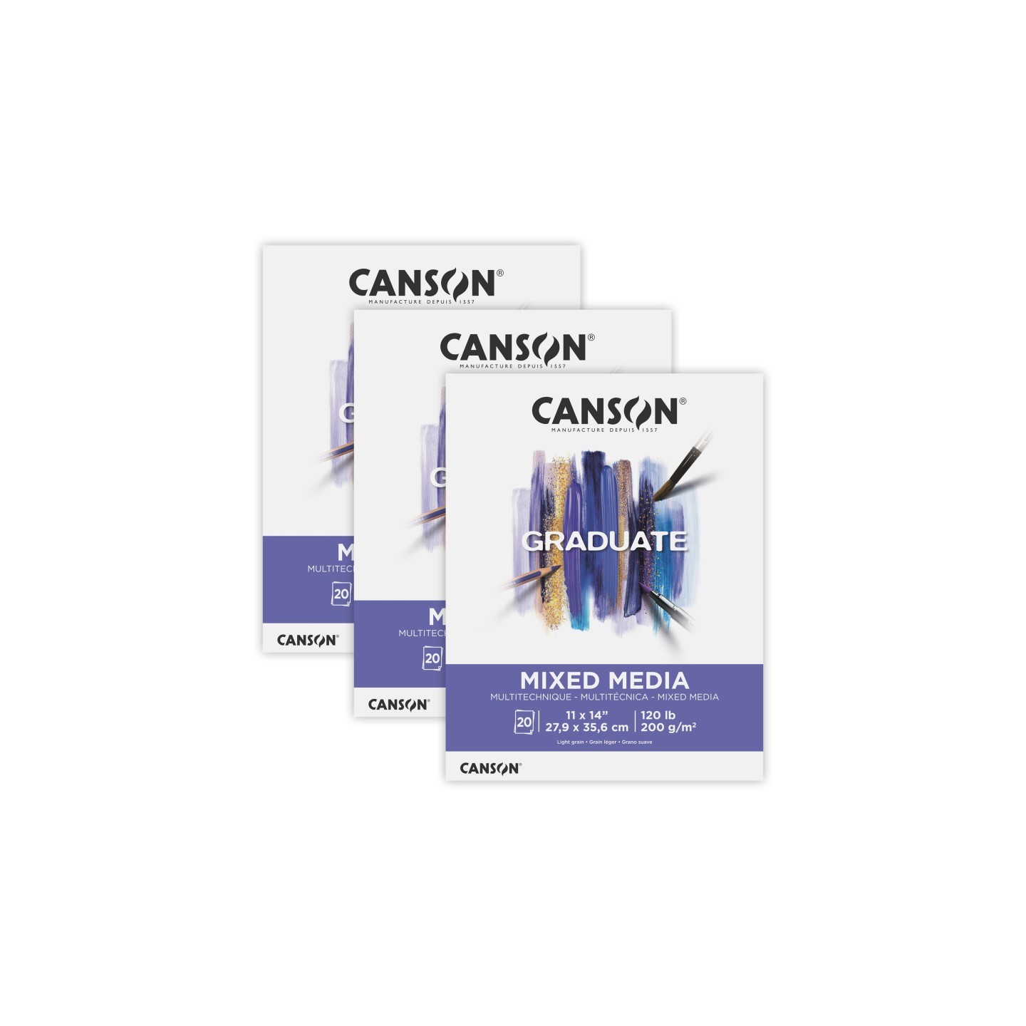 Canson Graduate Mixed Media Pad, Foldover Binding, 20 Sheet, 11x14 inch, Pack of 3