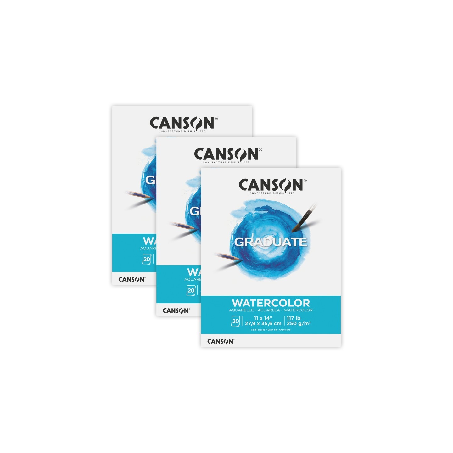 Canson Graduate Watercolor Pad, Foldover Binding, 20 Sheet, 11x14 inch, Pack of 3