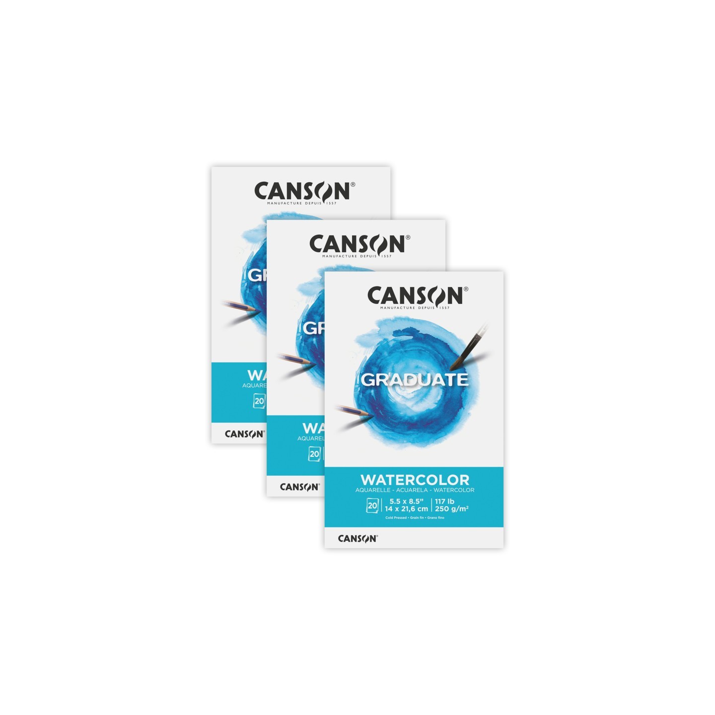 Canson Graduate Watercolor Pad, Foldover Binding, 20 Sheet, 5.5x8.5 inch, Pack of 3