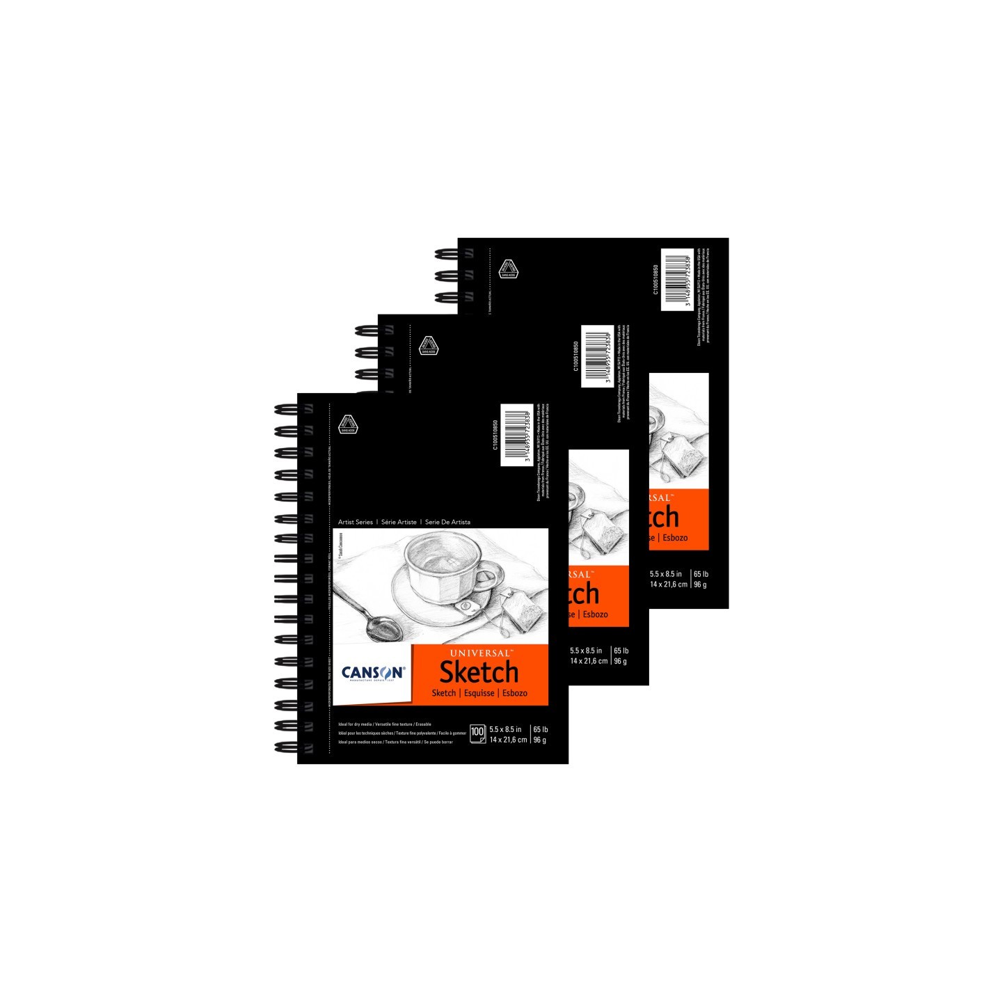 Canson Artist Series Universal Sketch Pad, Side Wire Binding, 100 Sheet, 5.5x8.5 inch, Pack of 3