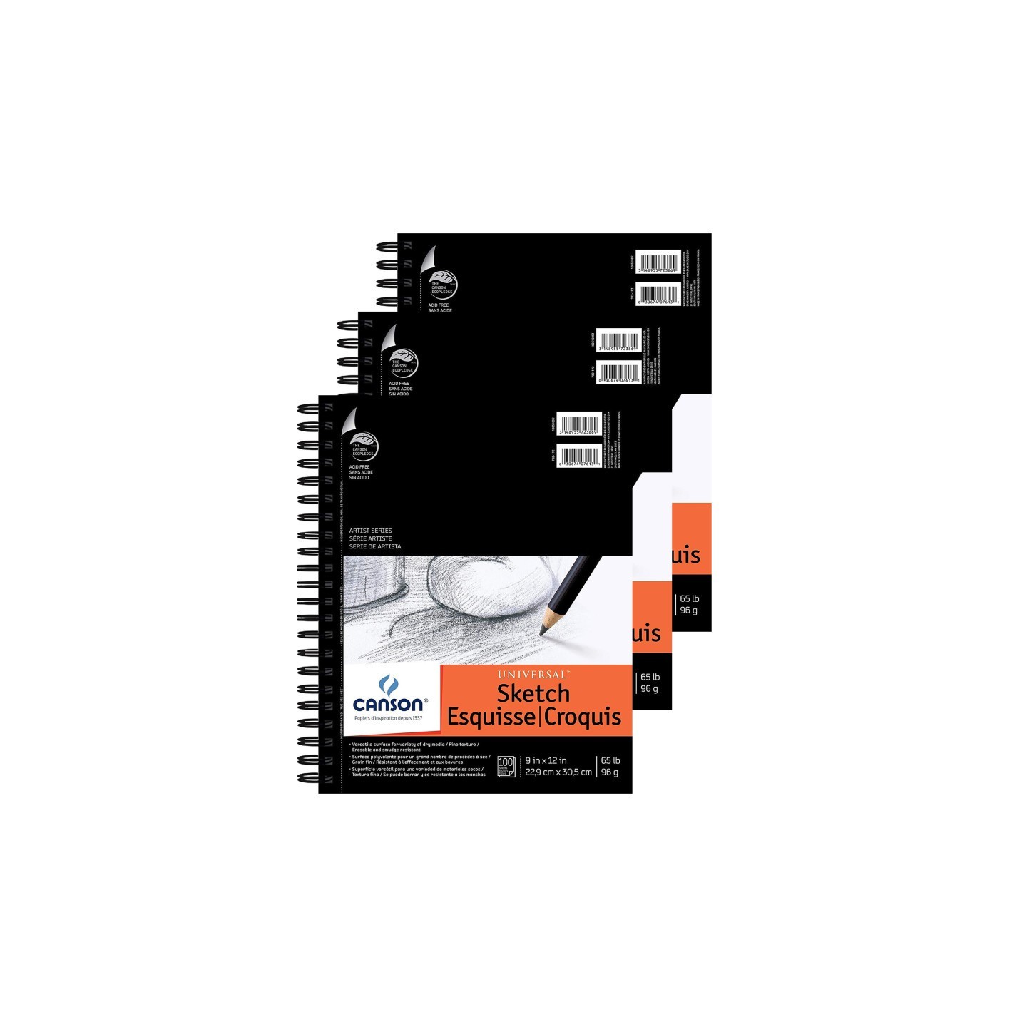 Canson Artist Series Universal Sketch Pad, Side Wire Binding, 100 Sheet, 9x12 inch, Pack of 3