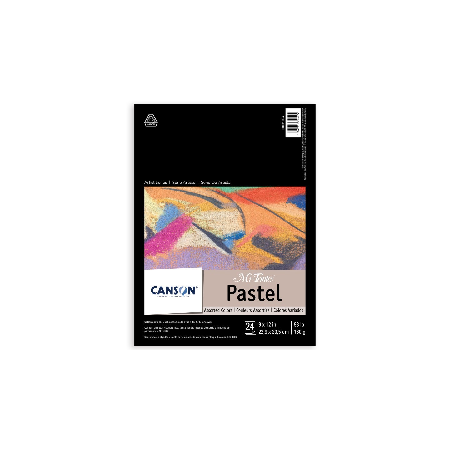 Canson Artist Series Mi-Teintes Pastel Pad, Assorted Colors, Foldover Binding, 24 Sheet, 9x12 inch, 1 Count