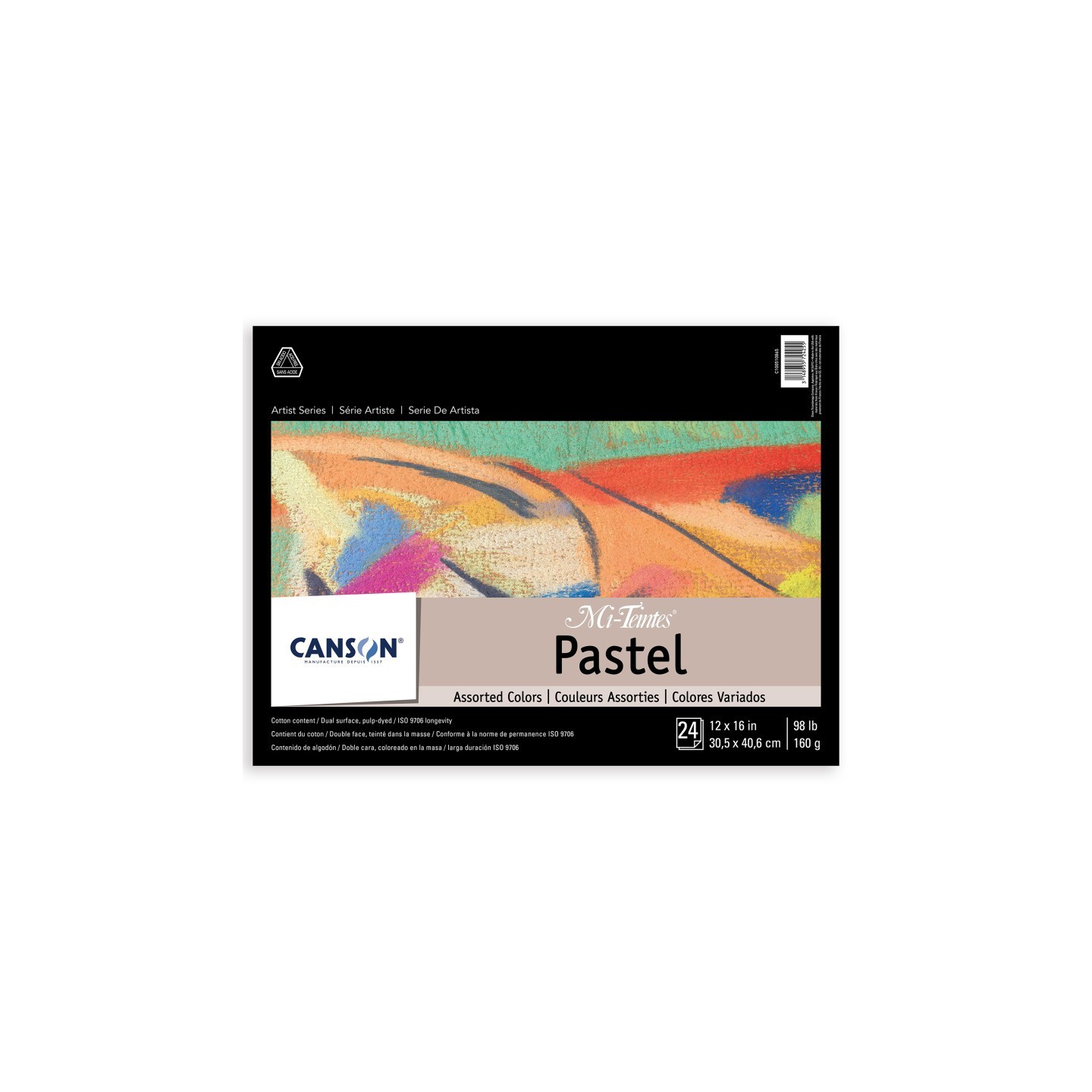 Canson Artist Series Mi-Teintes Pastel Pad, Assorted Colors, Foldover Binding, 24 Sheet, 12x16 inch, 1 Count