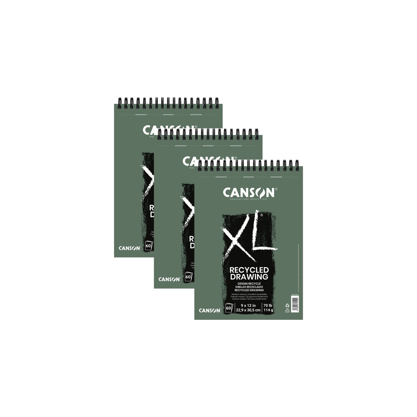 Canson XL Series Drawing Pad, Recycled, Top Wire Binding, 60 Sheet, 9x12 inch, Pack of 3