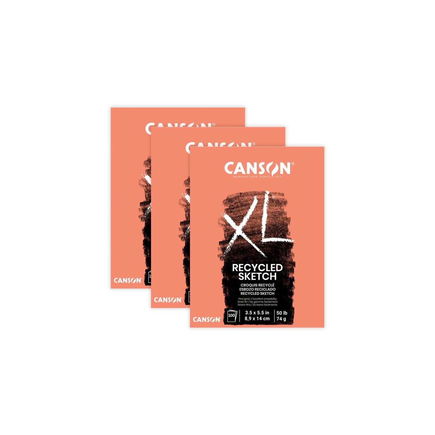 Canson XL Series Sketch Pad, Recycled, Foldover Binding, 100 Sheet, 3.5x5.5 inch, Pack of 3