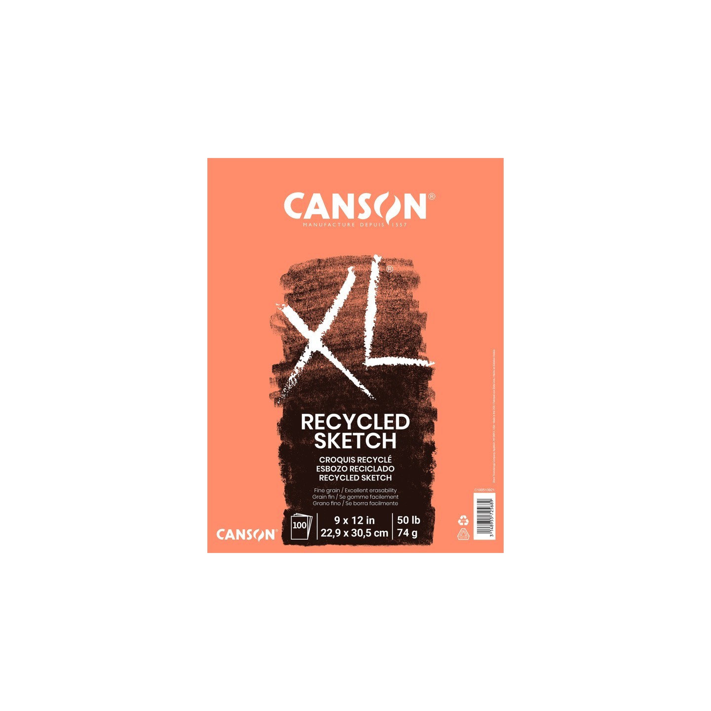 Canson XL Series Sketch Pad, Recycled, Foldover Binding, 100 Sheet, 9x12 inch, 1 Count