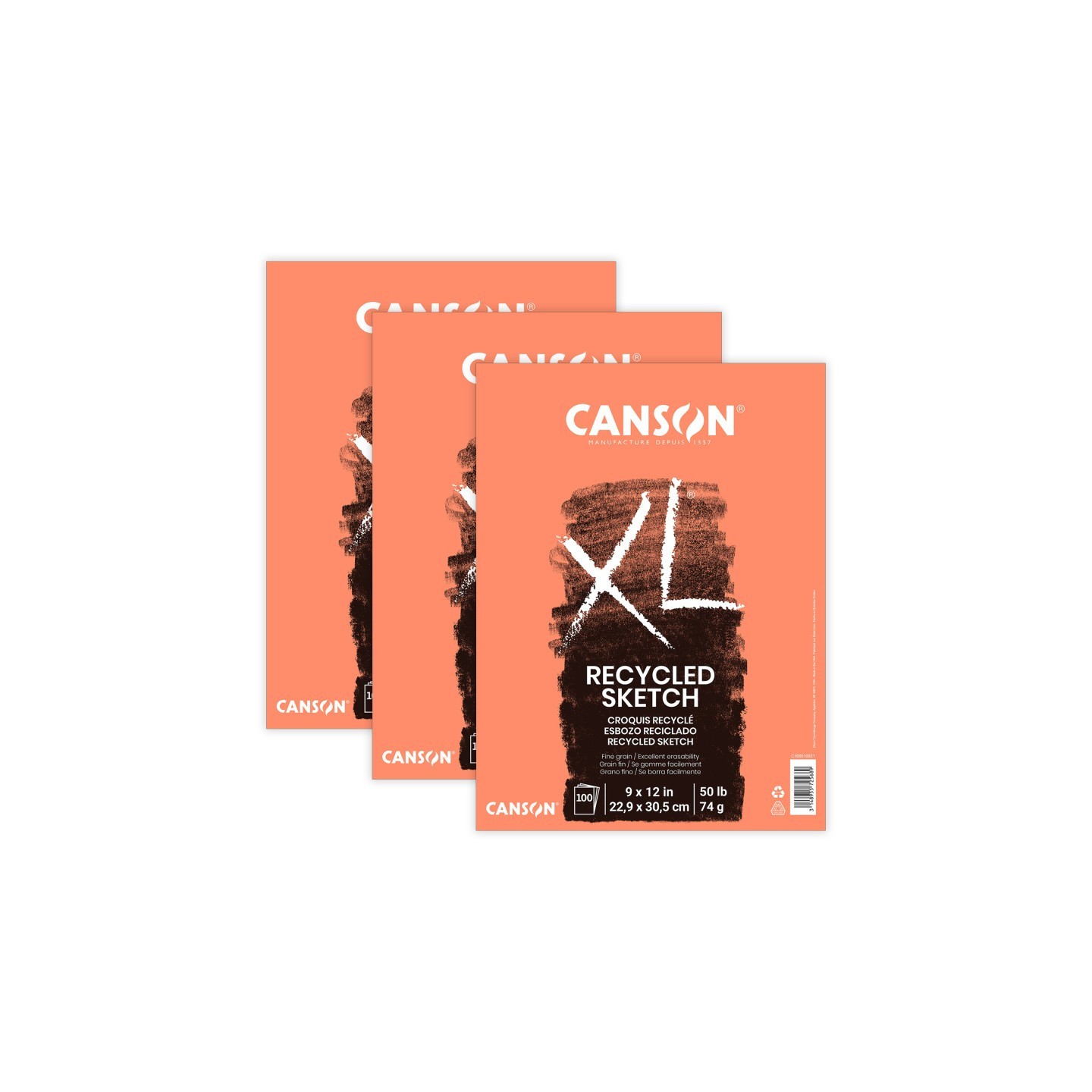 Canson XL Series Sketch Pad, Recycled, Foldover Binding, 100 Sheet, 9x12 inch, Pack of 3